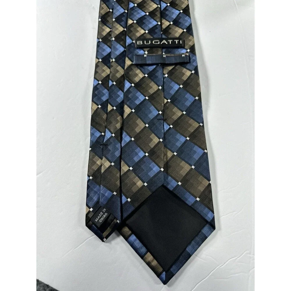 Bugatti Men’s Silk Necktie - Geometric Check/Plaid Pattern - Blue, Brown & Tan